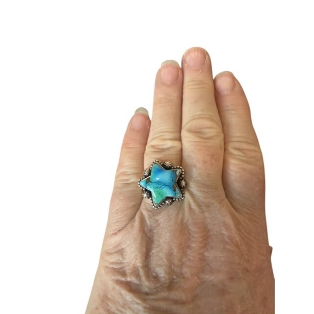 925 Sterling Silver Peacock Dahlia Star Ring Southwestern Statement Jewelry Sz 9 - Picture 2 of 5